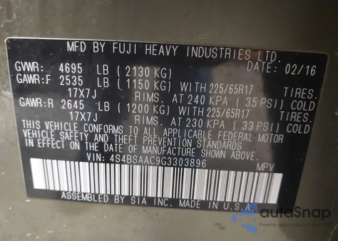 2016 Subaru Outback 2.5I из США, поврежденный, VIN 4S4BSAAC9G3303896